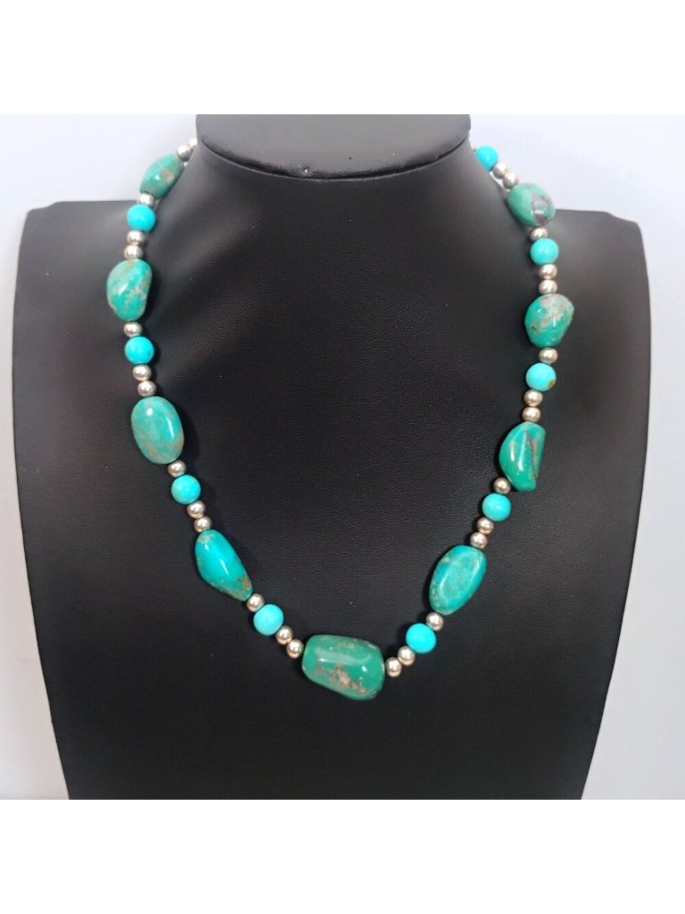 Seafoam Aqua Green Turquoise Nugget Necklace Sterling Silver Bead 21st and Stone